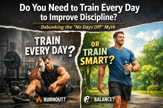 Fitness myth illustration showing a man exhausted in the gym versus relaxed outdoors, questioning whether training every day improves discipline or causes burnout.