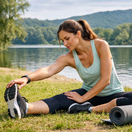 A woman stretching her hamstrings outdoors by a lake after a workout, with a yoga mat nearby, promoting muscle recovery and fitness in a natural setting.