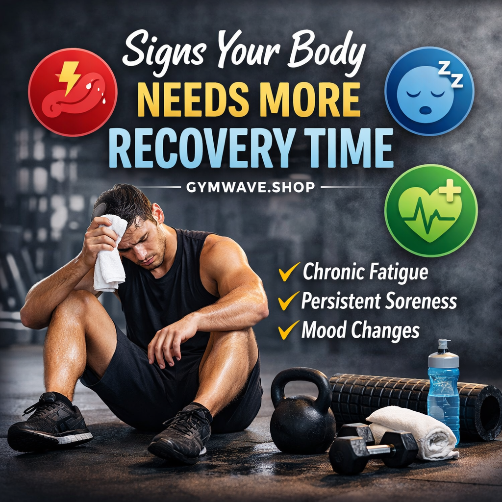 Man sitting on the gym floor looking fatigued after a workout, surrounded by kettlebell, dumbbell, foam roller, towel, and water bottle