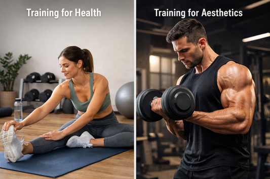 Training for health vs training for aesthetics comparison showing functional stretching at home and muscle-focused weightlifting