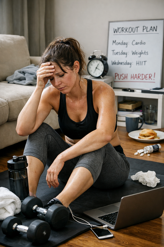 Tired woman sitting on a home workout mat after exercising, showing signs of overtraining and fatigue