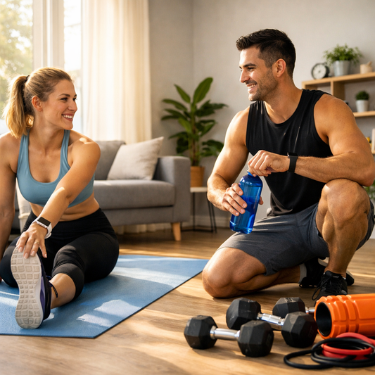 Healthy morning fitness routine with stretching, hydration, and home workout equipment