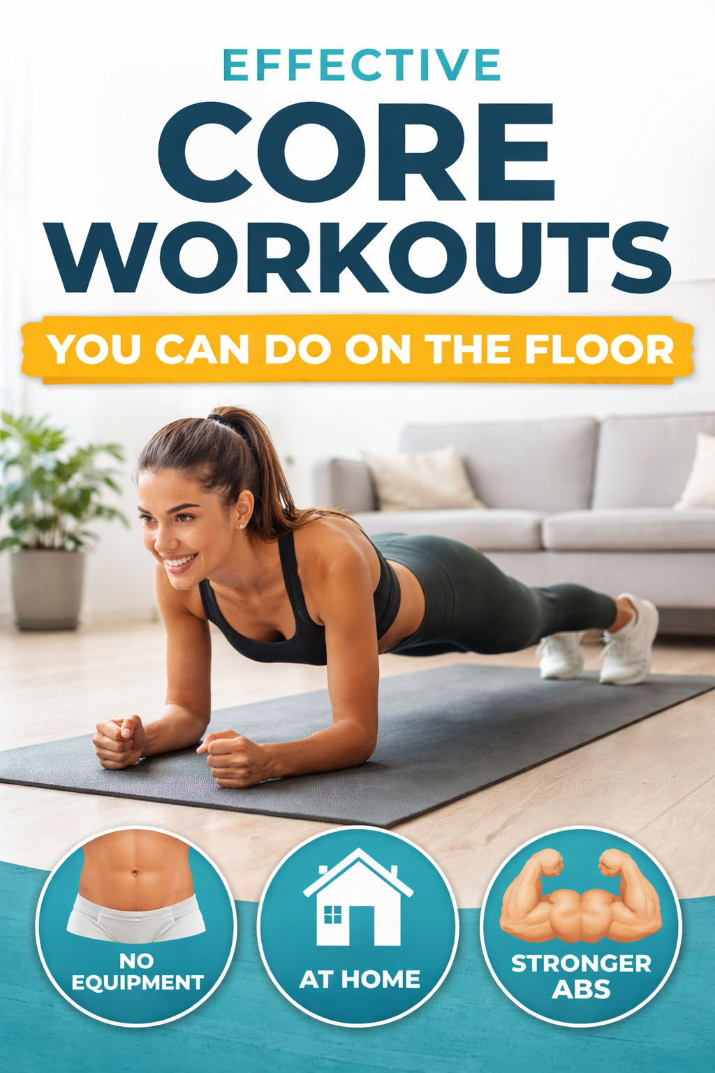 Woman performing a forearm plank on a yoga mat at home, demonstrating an effective core workout that can be done on the floor.