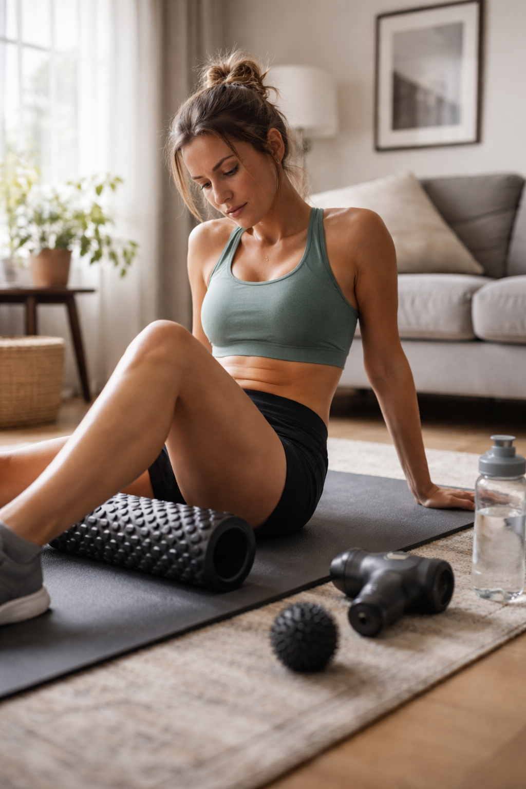 Girl recovering at home with muscle massager and foam roller.