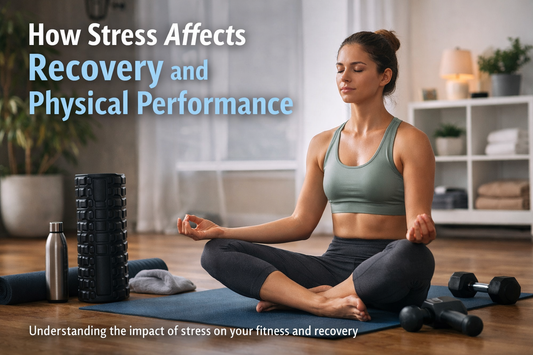 Fit woman meditating on a yoga mat in a home gym, surrounded by recovery and fitness equipment