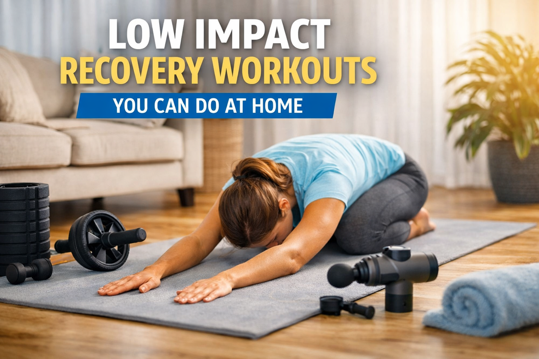 Woman doing Child’s Pose on a yoga mat at home surrounded by recovery tools including a foam roller, ab roller, and massage gun, illustrating low impact recovery workouts.
