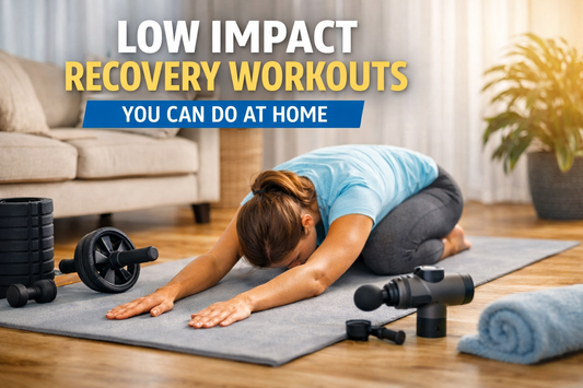 Woman doing Child’s Pose on a yoga mat at home surrounded by recovery tools including a foam roller, ab roller, and massage gun, illustrating low impact recovery workouts.