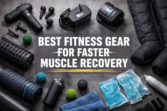 Best fitness gear for faster muscle recovery including massage gun, foam roller, compression boots, ice packs, and recovery tools displayed on a gym floor