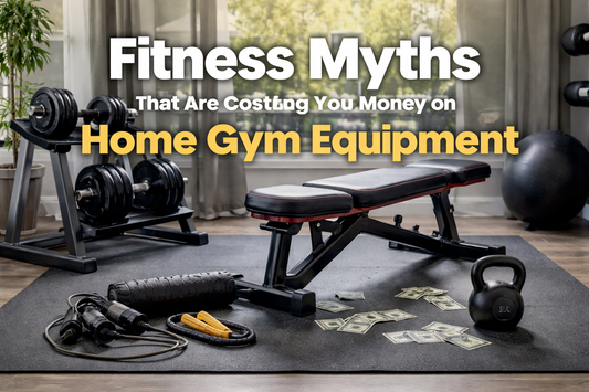Fitness myths that cost money on home gym equipment, showing dumbbells, bench, and compact workout tools in a home gym