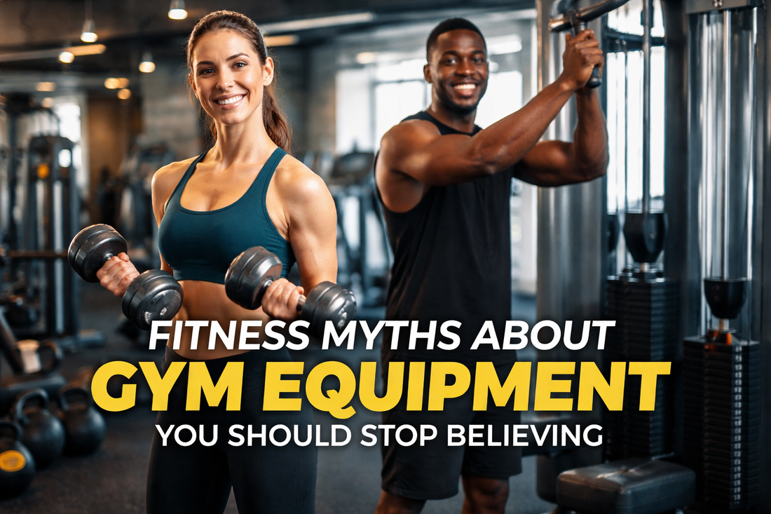Fitness myths about gym equipment – man and woman training with dumbbells and cable machine in modern gym