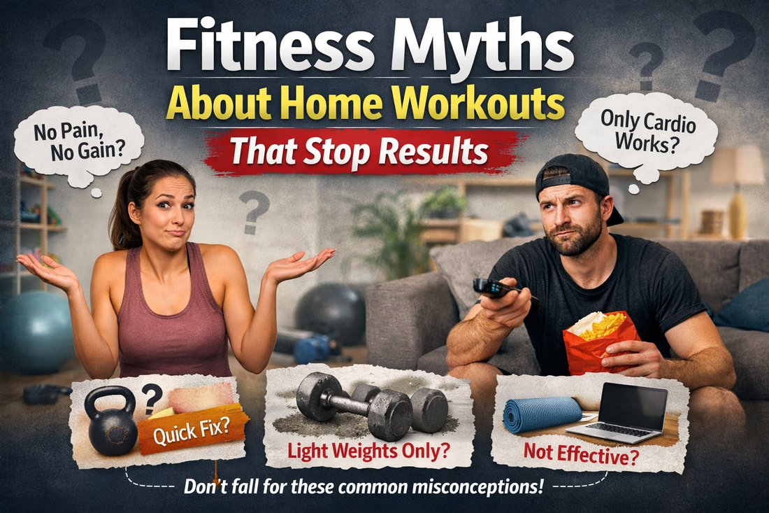Fitness myths about home workouts that stop results, showing common misconceptions like light weights, only cardio, and ineffective home exercise