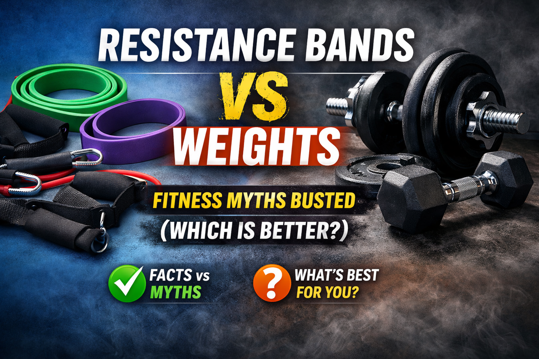 A comparison of resistance bands and dumbbells with the text "Resistance Bands vs Weights: Fitness Myths Busted (Which Is Better?)", showing both equipment types on a gym floor with a motivational, professional background.