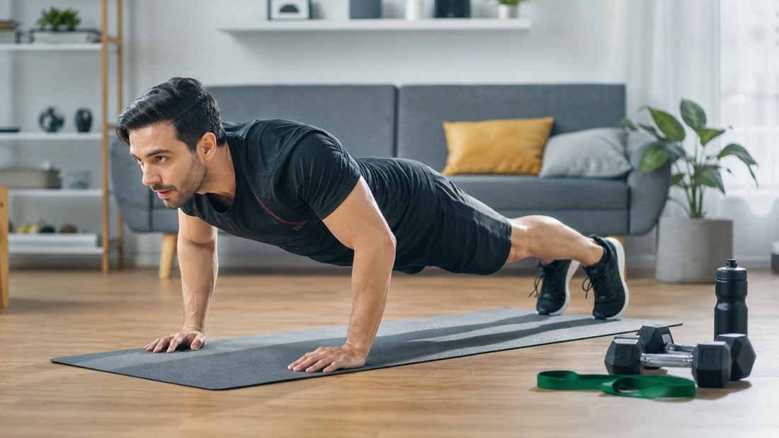 Man performing a push-up during a full body home workout in a modern living room with minimal gym equipment for strength training and fitness at home.