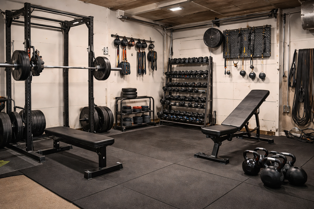 Beginner garage gym setup with bench, barbell, dumbbells, and rubber flooring in a clean organized space