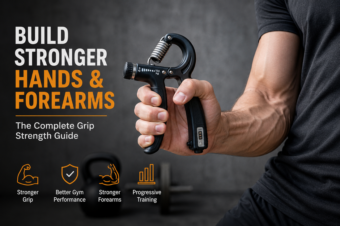 Man training with an adjustable hand grip strengthener to improve grip strength, forearm muscle development, wrist stability, and overall gym performance.