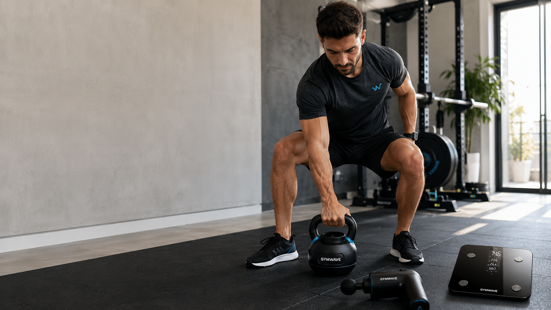 Fit man training with adjustable kettlebell in a modern home gym with GymWave massage gun and smart scale, natural lighting and clean premium setup