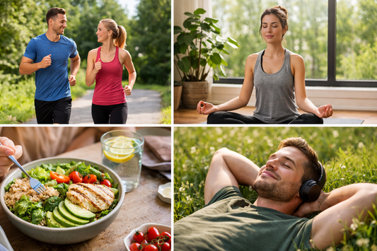 Healthy lifestyle habits including jogging, meditation, nutritious eating, and relaxation that improve mental and physical health.