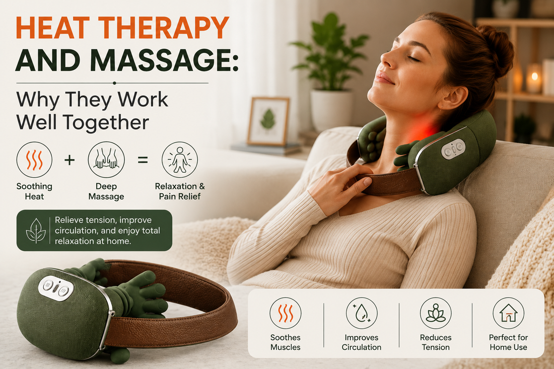 Person using a heated neck and shoulder massager to relax tight muscles at home.