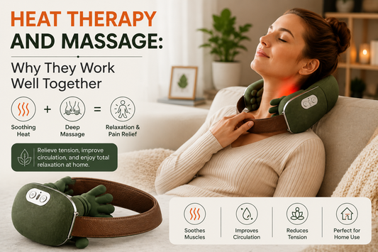 Person using a heated neck and shoulder massager to relax tight muscles at home.