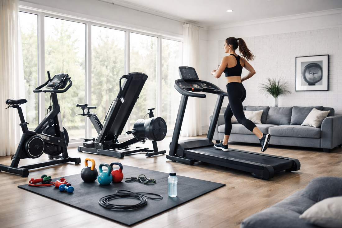 Modern home gym with treadmill, exercise bike, rowing machine, elliptical, and kettlebells for effective fat-burning workouts