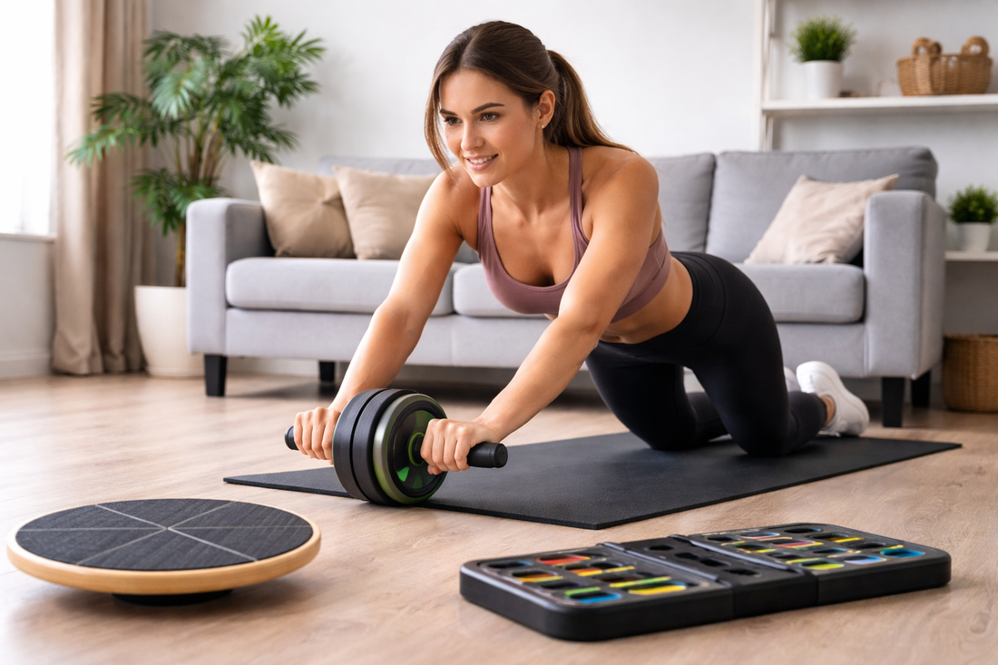Woman performing core and balance workout at home using ab roller, balance board and abdominal fitness board for strength and stability training