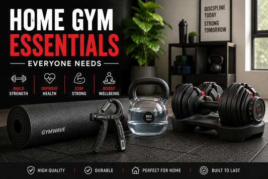 Modern home gym featuring essential fitness equipment including adjustable dumbbells, resistance bands, yoga mat and smart workout accessories.