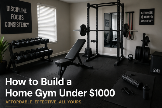 Modern budget home gym setup under $1000 with adjustable bench, dumbbells, squat rack, and fitness equipment in a realistic home workout space
