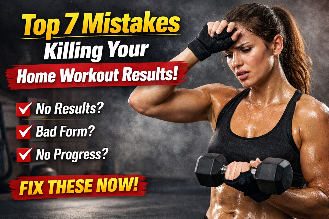 Woman struggling during home workout showing common mistakes that prevent fitness results, including poor form and lack of progress