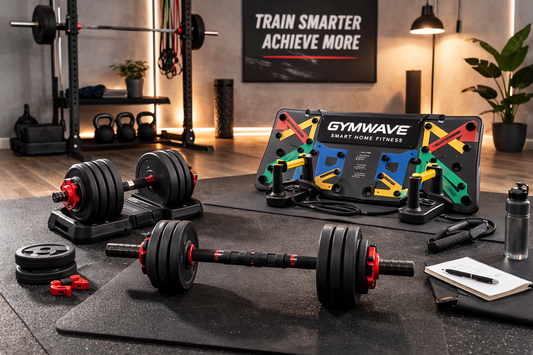 Modern home gym setup with adjustable dumbbells and multi-functional core training board for goal-based home workouts