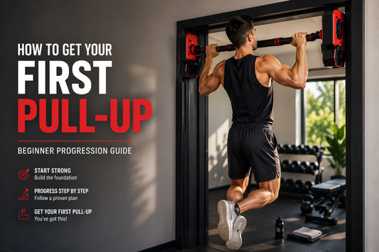 Beginner performing pull-ups on a doorway pull-up bar while following a step-by-step progression guide for building upper body strength.