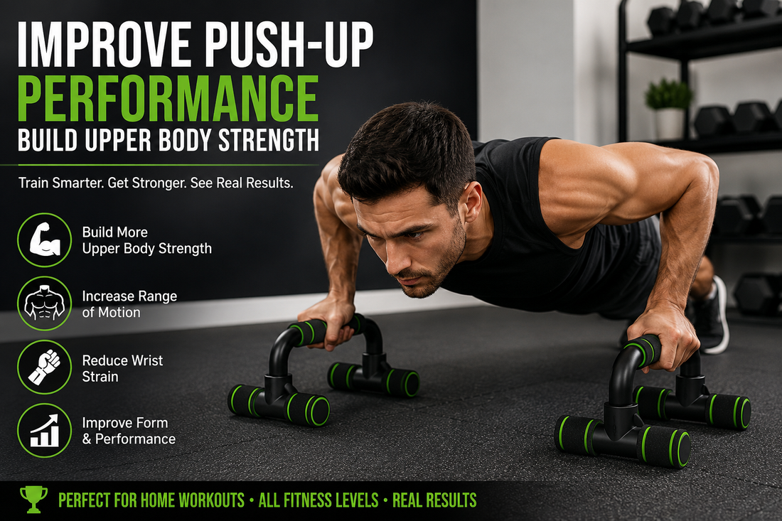 Man using push-up bars to improve push-up performance and build upper body strength at home.