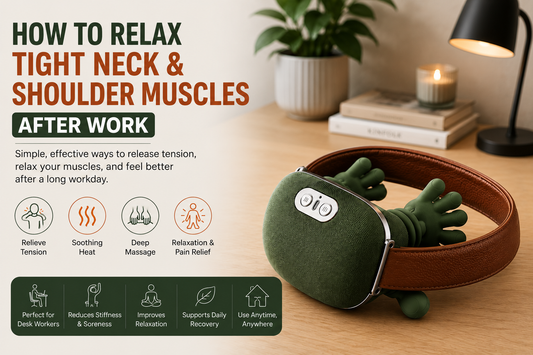 Woman relaxing after work using the GymWave Finger Heated Neck & Shoulder Massager to relieve neck and shoulder muscle tension.