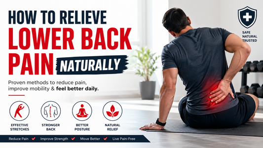 Man holding lower back in pain while sitting on workout mat, demonstrating natural ways to relieve lower back pain through exercise and stretching at home