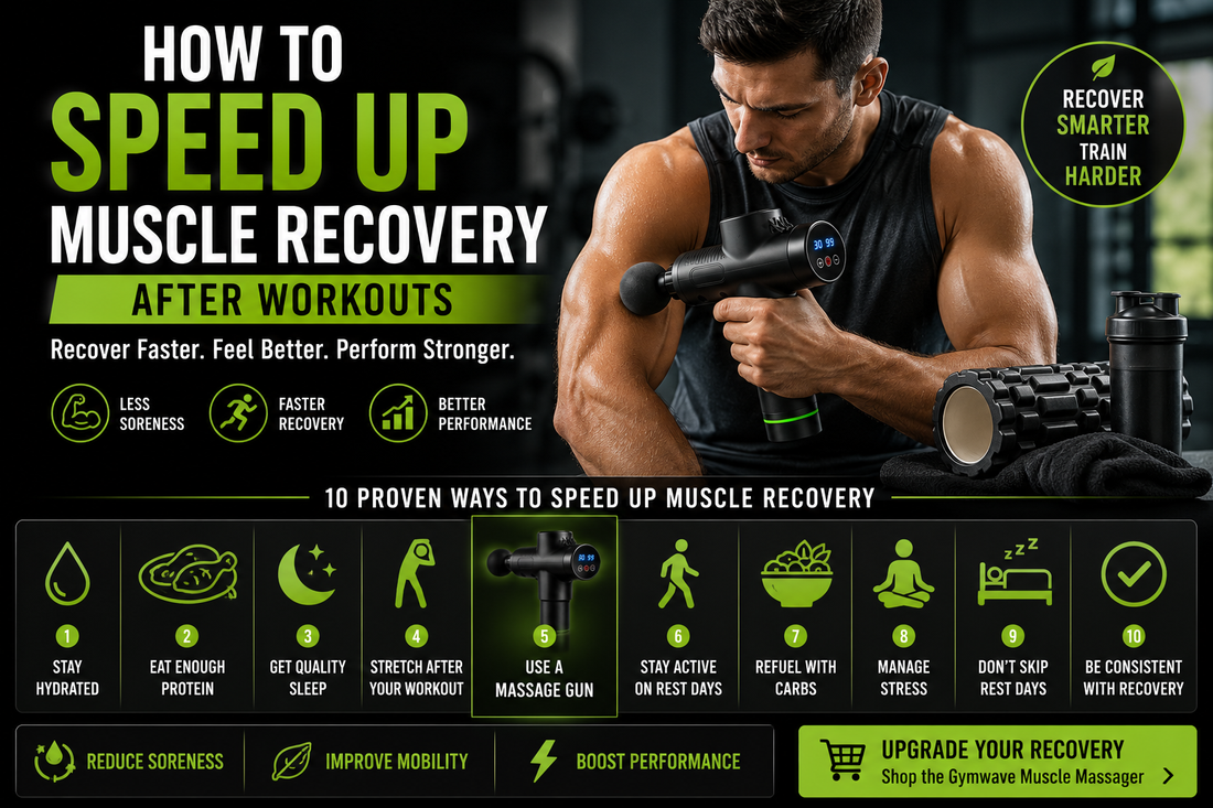 Athlete using a massage gun to speed up muscle recovery after workouts with recovery tips for reducing soreness, improving circulation, and boosting performance.