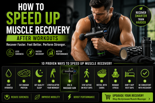 Athlete using a massage gun to speed up muscle recovery after workouts with recovery tips for reducing soreness, improving circulation, and boosting performance.