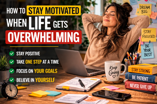 Woman relaxing at an organized desk with motivational notes and laptop, illustrating how to stay motivated when life gets overwhelming