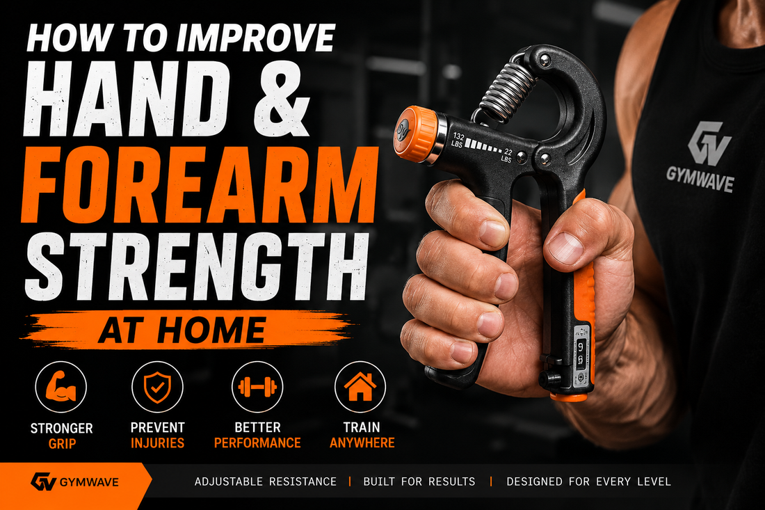 Person improving hand and forearm strength at home using an adjustable grip trainer