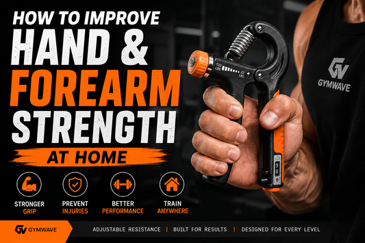 Person improving hand and forearm strength at home using an adjustable grip trainer