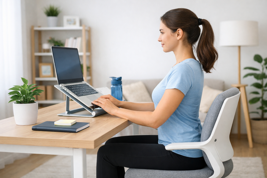 Person practicing proper posture at home with a laptop on a stand, sitting upright with back straight and shoulders relaxed.