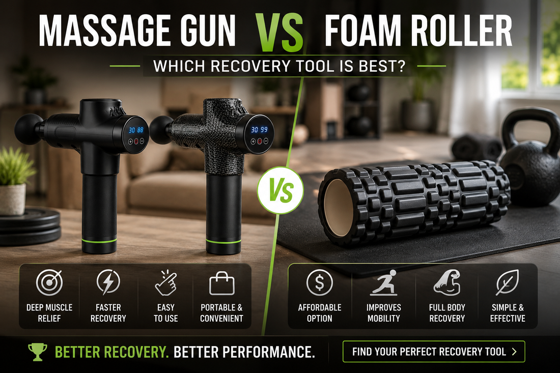Massage gun vs foam roller comparison showing which recovery tool is best for muscle recovery, soreness relief, and athletic performance.