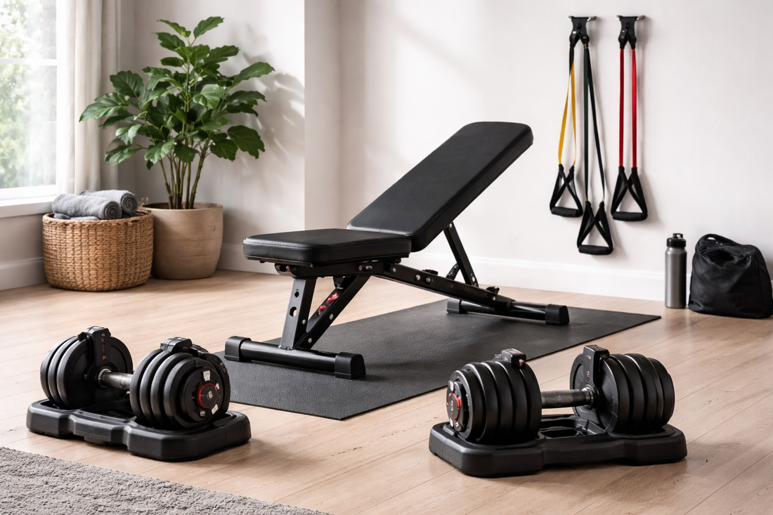 Minimalist home gym setup with adjustable dumbbells, workout bench, and resistance bands in a clean modern room