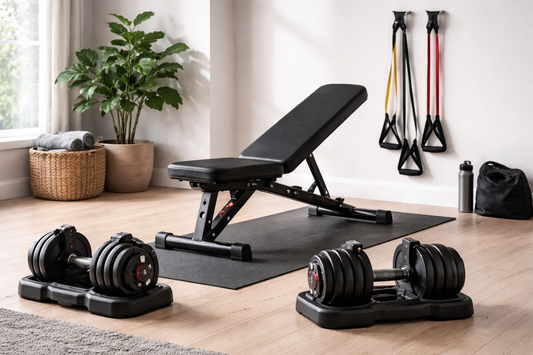 Minimalist home gym setup with adjustable dumbbells, workout bench, and resistance bands in a clean modern room