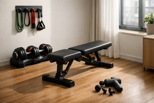 Ultra-realistic modern small home gym setup in a compact apartment with adjustable dumbbells, foldable bench, organized resistance bands, massage gun on wooden floor, minimal neutral aesthetic and natural window lighting.