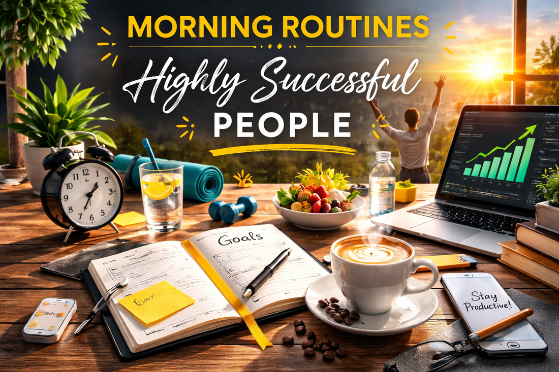 Morning workspace with coffee, planner, laptop, and sunrise symbolizing productivity and successful daily routines