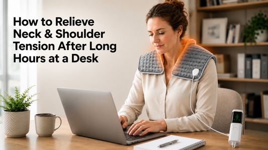 Woman relieving neck and shoulder tension with an electric heating pad after working at a desk