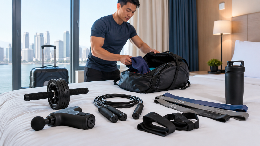 Traveler preparing for a workout in a modern hotel room with portable fitness equipment including resistance bands, jump rope, mini massage gun, and ab wheel beside an open travel backpack.