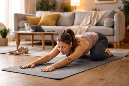 Person performing a full-body stretch at home after work