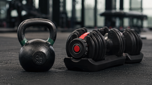 Realistic gym scene showing a kettlebell and adjustable dumbbells on a dark floor, representing strength training equipment for muscle building comparison.