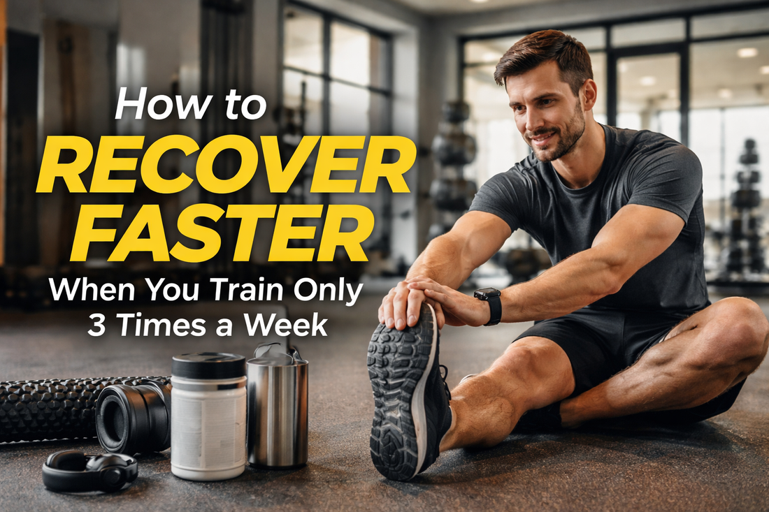 Man stretching post-workout on gym floor with foam roller, protein shake, and water bottle, demonstrating recovery techniques for 3-day-a-week training.