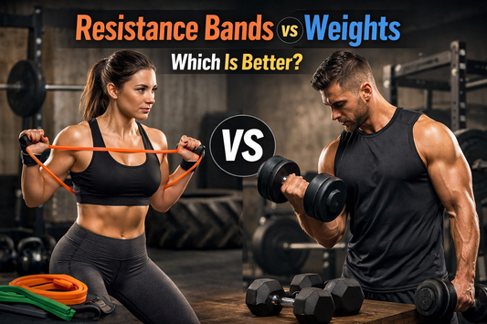 Fitness enthusiast using resistance bands and free weights side by side